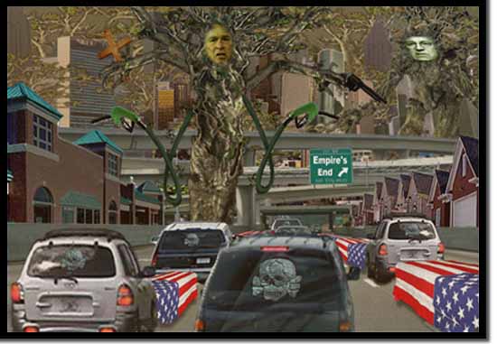 Pic: "Overgrown Bush" - "America exports Freedom and Liberty the Wal-Mart way." - Graphic, © Angela Tyler-Rockstroh 2004. All rights reserved. (Please, do not steal.) - size 39kb